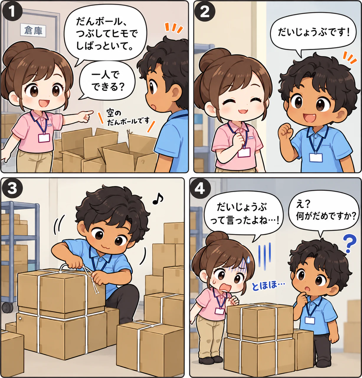 4コマ漫画。1コマ目、先輩が空のだんボールを指して「だんボール、つぶしてヒモでしばっといて。一人でできる？」と言う。2コマ目、本人が「だいじょうぶです！」と答える。3コマ目、つぶさないまま、そのままヒモでしばっている。4コマ目、先輩が「だいじょうぶって言ったよね…！」、本人は「え？ 何がだめですか？」と困っている。