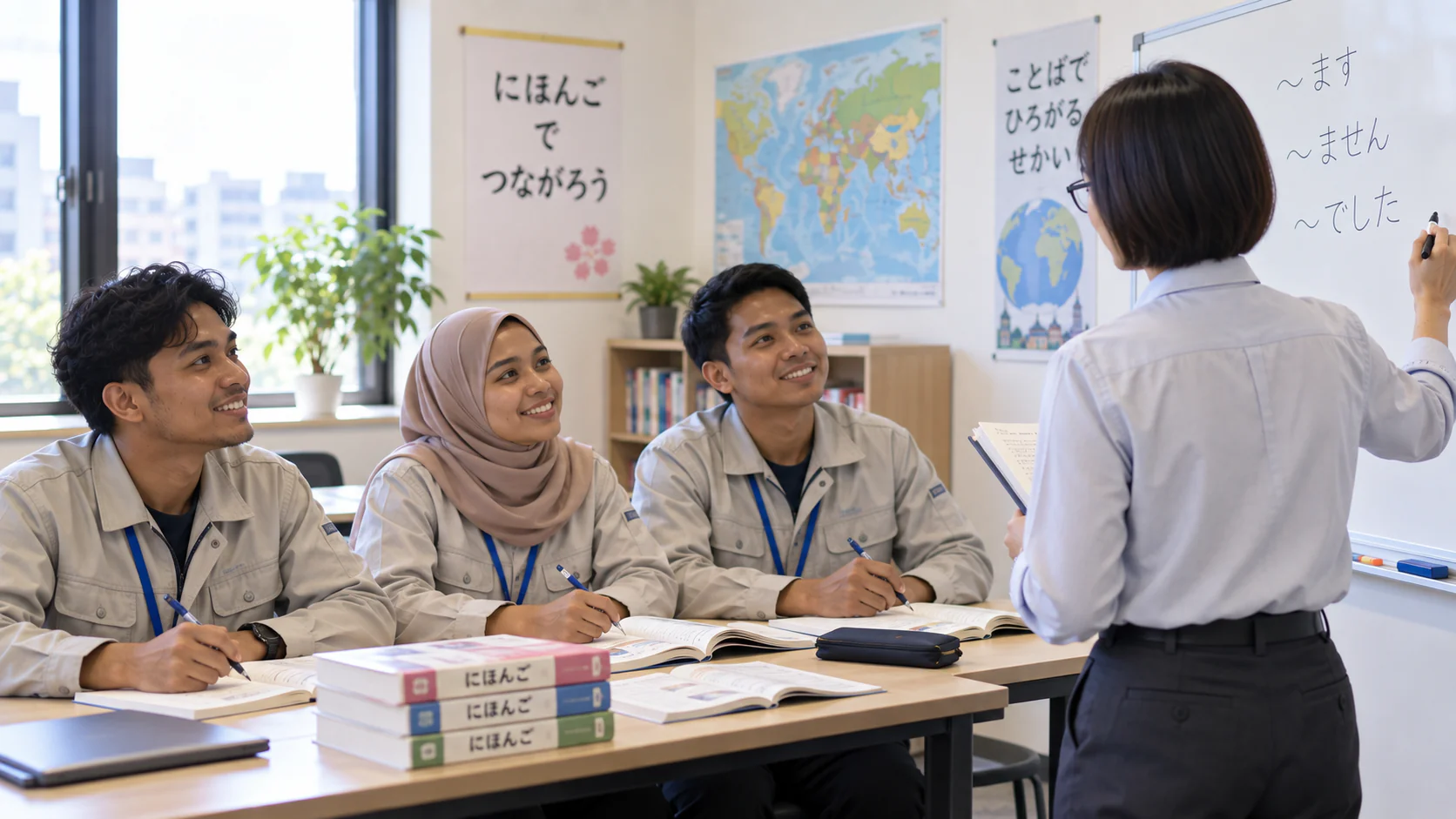 日本語教室のようす。講師がホワイトボードに「〜です」「〜ます」などを書き、外国人の学習者3人が席から見ている。